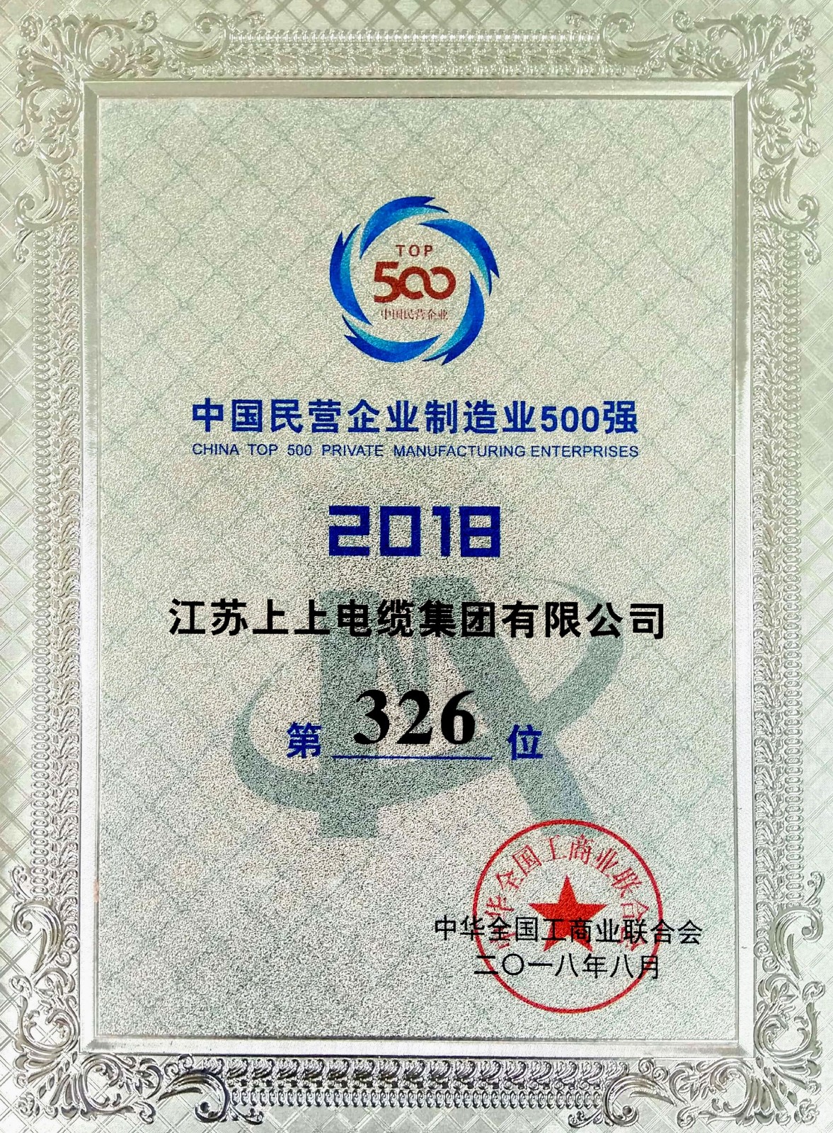 上上電纜連續(xù)八年入圍中國民營企業(yè)制造業(yè)500強